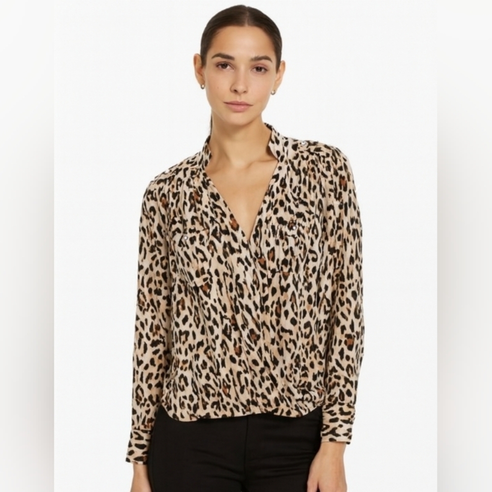 White House Black Market Cris Cross Cheetah Print Blouse Top Black Tan 2
